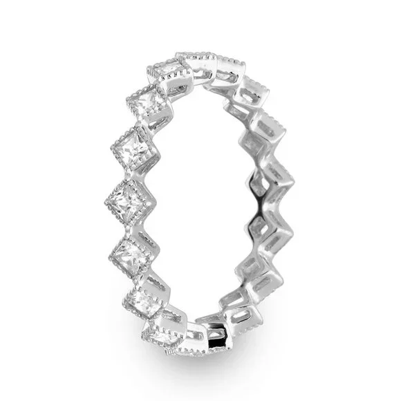 Sterling Rhodium 925 Rhodium Plated Diamond Shaped CZ Eternity Ring